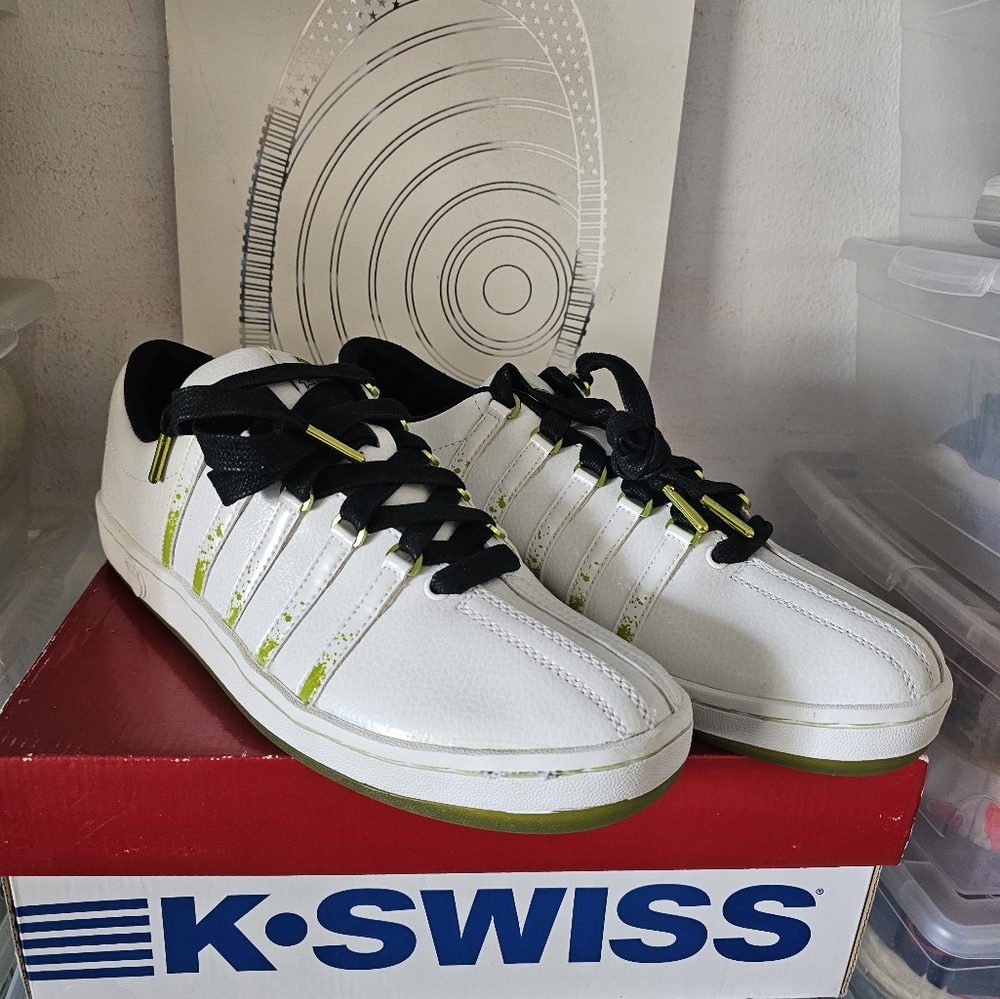 K-Swiss White and Green Sneakers with Black Laces